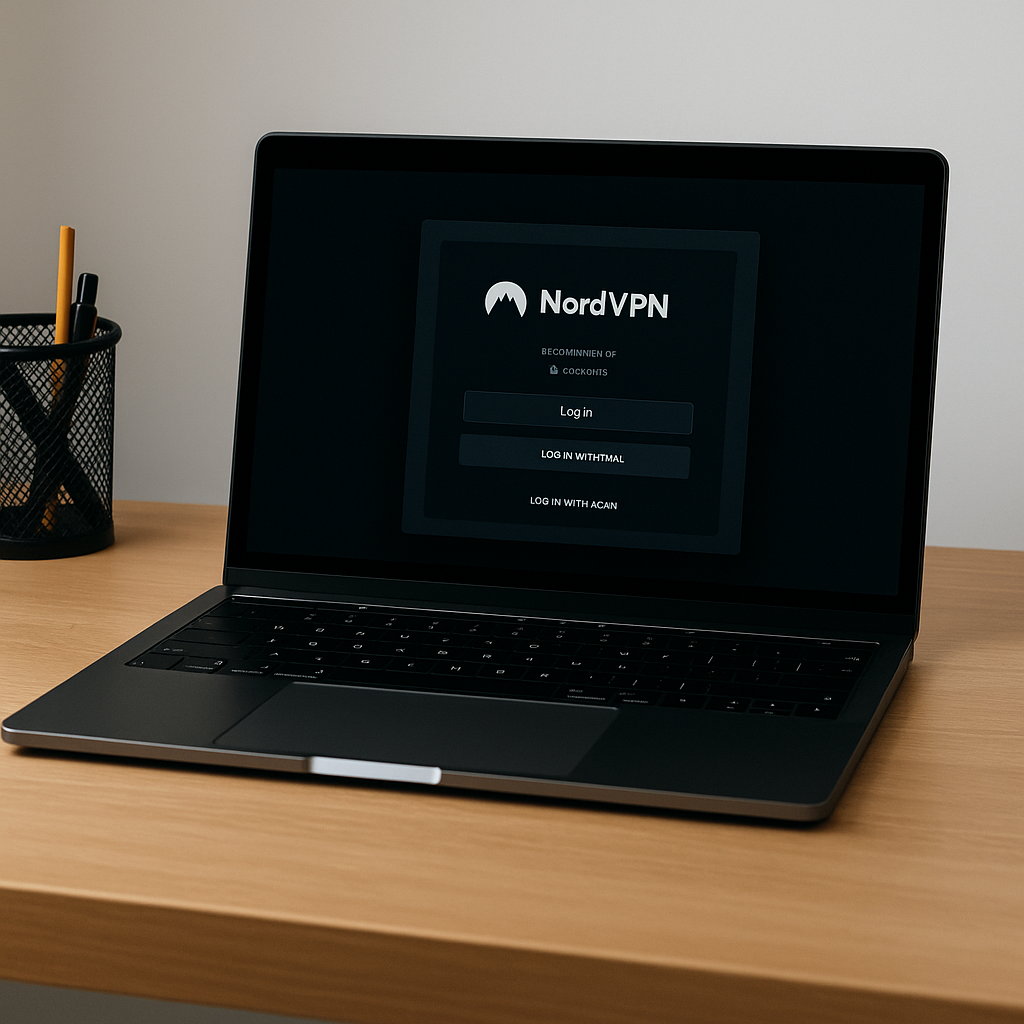 NordVPN realistic laptop login scene